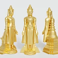 Golden Buddha Sculptures Displayed From Multiple Angles With Intricate Carving Details
