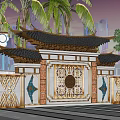 Traditional Chinese Scenic Wall with Golden Decor Circular Pattern Palm Trees and Urban Background