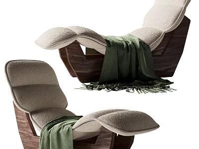 Comfortable Lounge Chair With Wooden Frame Beige Cushion And Green Throw Blanket 3d model