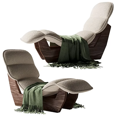 Comfortable Lounge Chair With Wooden Frame Beige Cushion And Green Throw Blanket 3d model