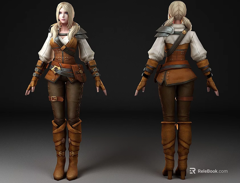 Medieval Female Character with White Long Sleeve Shirt Brown Leather Vest and Tall Boots 3d model 
