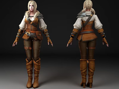 Medieval Female Character with White Long Sleeve Shirt Brown Leather Vest and Tall Boots 3d model