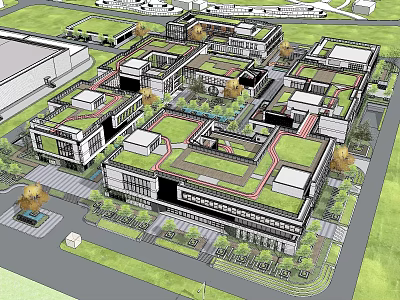 Modern Industrial Factory Complex Featuring Green Roof And Organized Layout With Surrounding Greenery 3d model
