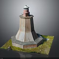 Lighthouse Brick Tower Structure With Red White Light Room And Grass Base