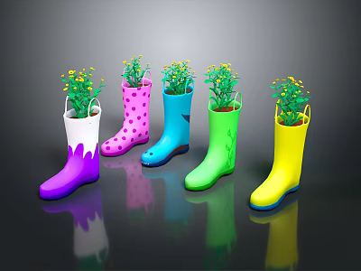 Colorful Rain Boots Used As Planters With Green Plants For Home Decoration 3d model