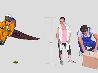People in Astronaut Suit Exercising Woman and Box Carrying Man with Small Object 3d model