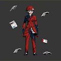 Child in Red Outfit Standing with Multiple Flying Cards on Gray Background