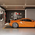 Modern Garage Interior With Orange Sports Car And Neon Light Decorations