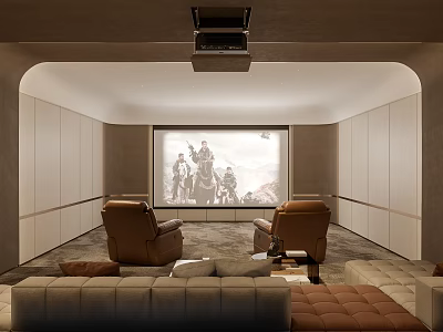Modern Home Theater With Projector Large Screen And Recliners 3d model