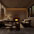 Chinese Restaurant Interior With Long Table Bookshelf Pendant Lights Wooden Furniture And Gray Walls