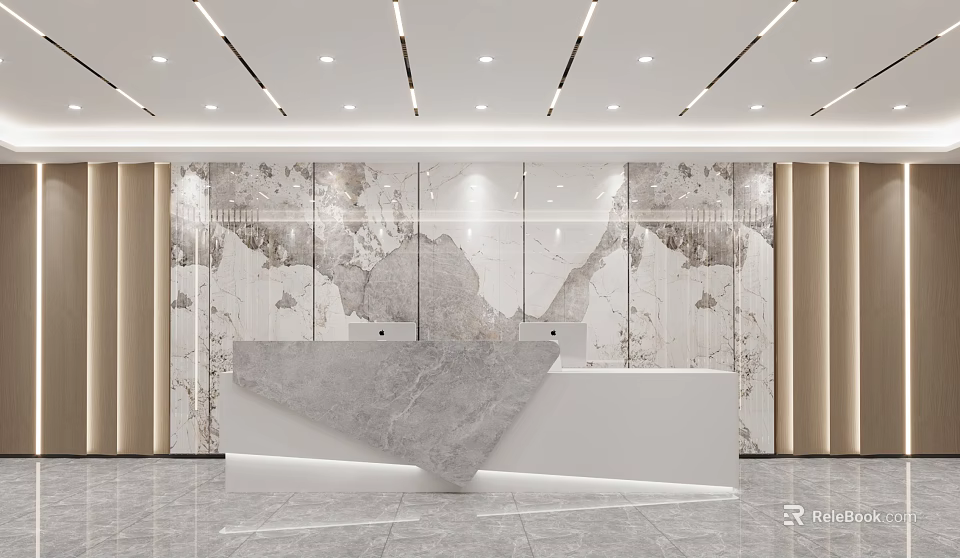 Modern Contemporary Front Reception Area Design With Marble Wall Panels Sleek Lighting And Minimalist Desk 3d model 
