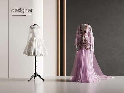 Elegant Designer White Lace And Purple Tulle Dresses On Mannequins In Modern Studio 3d model