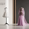 Elegant Designer White Lace And Purple Tulle Dresses On Mannequins In Modern Studio