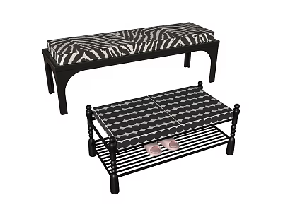 Stylish Black Frame Benches With Zebra And Striped Cushions And Pink Slippers On Lower Shelf 3d model