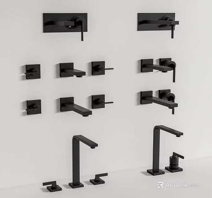 Modern Black Bathroom Faucets Showcasing Wall Mounted and Deck Mounted Styles 3d model