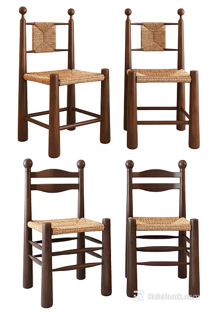 Set of Four Leisure Chairs with Wooden Frame and Woven Seat Design 3d model 