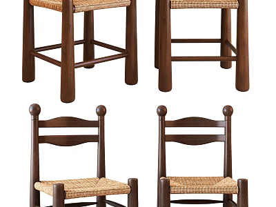 Set of Four Leisure Chairs with Wooden Frame and Woven Seat Design 3d model