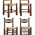Set of Four Leisure Chairs with Wooden Frame and Woven Seat Design