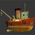 Red and Yellow Toy Boat with Chimney Cabin Tires and Rear Paddle