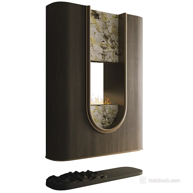 Modern Wooden Built in Fireplace Featuring Decorative Patterns and Mirror in Gold Frame Design 3d model 