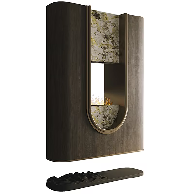Modern Wooden Built in Fireplace Featuring Decorative Patterns and Mirror in Gold Frame Design 3d model