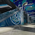 Modern Staircase Display With Blue Ceiling White Fish Patterns Glass Walls And Circular Curves 3d model