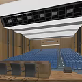 Spacious Auditorium Interior Featuring Blue Seats Wooden Walls Ceiling Lights And Flooring