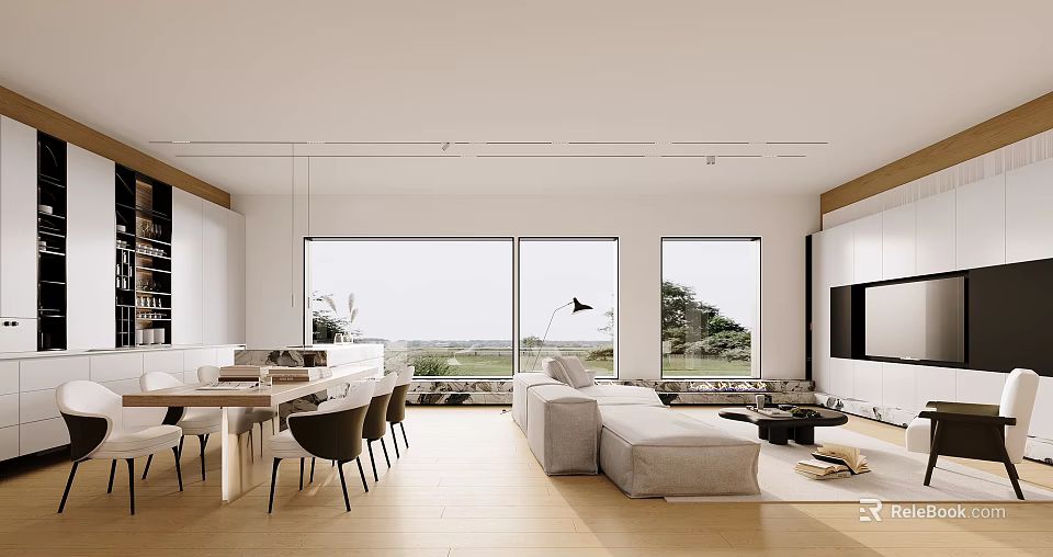 Modern Living And Dining Room Interior With Open Layout Large Windows And Sofa Area 3d model