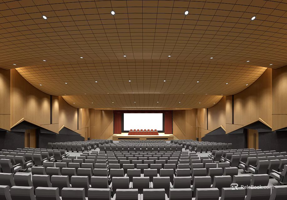Spacious Conference Room Interior With Ceiling Design Rows Of Seats Projection Screen And Wooden Walls 3d model 