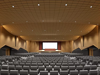 Spacious Conference Room Interior With Ceiling Design Rows Of Seats Projection Screen And Wooden Walls 3d model