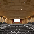 Spacious Conference Room Interior With Ceiling Design Rows Of Seats Projection Screen And Wooden Walls