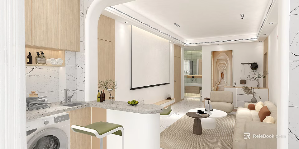 Bright Cozy Cream Tone Living Room With Projection Screen Wooden Accents And Open Kitchen Bar 3d model 
