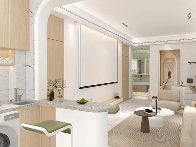 Bright Cozy Cream Tone Living Room With Projection Screen Wooden Accents And Open Kitchen Bar 3d model
