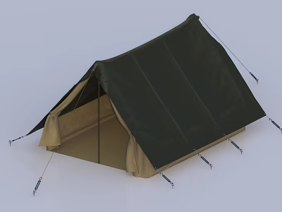 Dark Green and Beige Outdoor Camping Tent with Support Poles and Guy Ropes 3d model