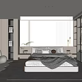 Modern Bedroom Interior Design With Platform Bed Built-in Wardrobe Bookshelf Accent Chair And Rug