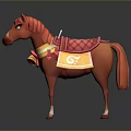 Cartoon Brown Horse With Golden Collar Red Bow Bells And Red Saddle Yellow G Logo