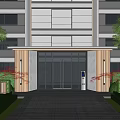 Modern Building Entrance Feature Wall With Decorative Columns Lush Greenery And Paved Ground