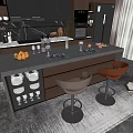 Modern Bar Counter With Dark Top Bar Stools Fruits And Wine Glasses