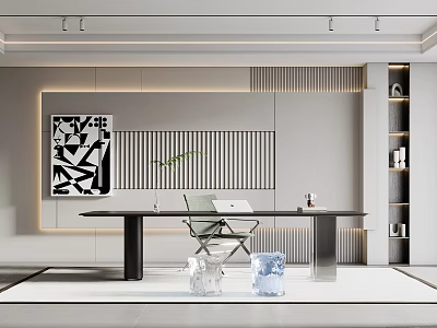 Modern Study Room Interior With Minimalist Desk Chair And Decorative Painting Lighting 3d model