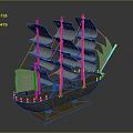 Wooden Sailing Ship Model With Multiple White Sails On Display Base