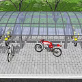 Bicycle and Motorcycle Shelter with Trees Green Grass and Parking Area