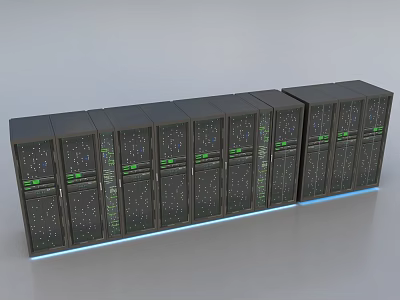 Black Computer Server Racks With Green Indicators And Blue Base Lighting In Data Center 3d model