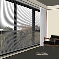 Modern Window Blinds in Bright Room with Large Window Trees Armchair Rug and Potted Plant