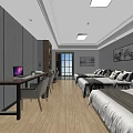 Cozy Hotel Room Interior With Twin Beds Wooden Desk And Wall Art Decorations