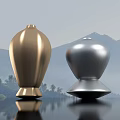 Golden And Silver Ceramic Vessels On Water Surface With Mountain Tree Background And Reflection 3d model