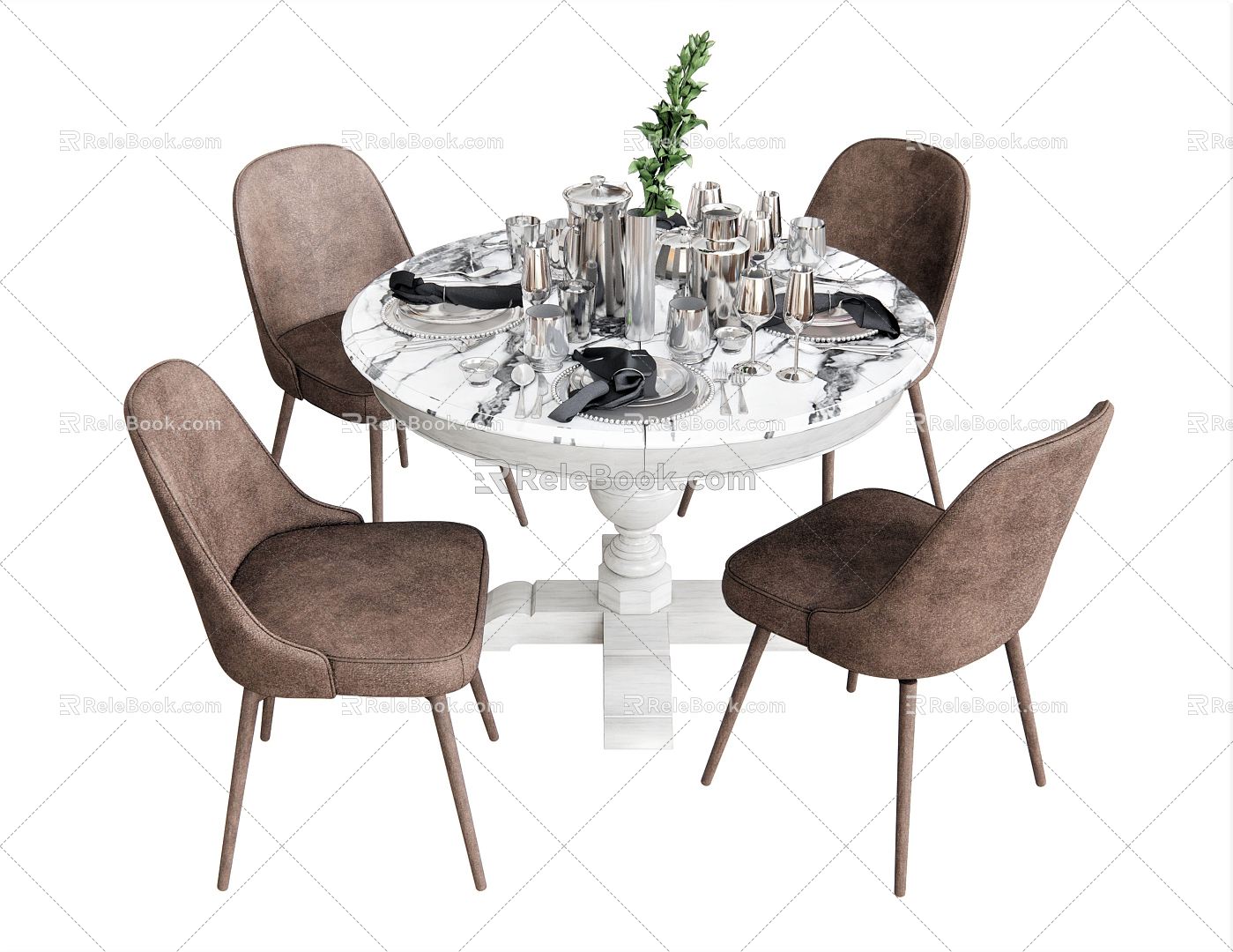 Modern Dining Table and Chair Combination Dining Table and Chair Dining Table Tableware Plant Vase Decoration Leisure Chair model