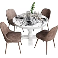 Round Dining Table Set With White Marble Top Four Brown Chairs Tableware Glassware Green Plant