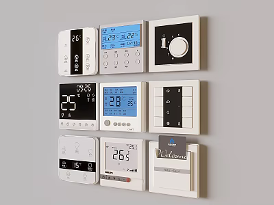Various Types of White Switch Panels with Digital Displays Temperature Readings and Control Buttons 3d model