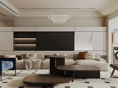 Modern Living Room Interior Design With Sofa Coffee Tables Chandelier And TV Wall 3d model