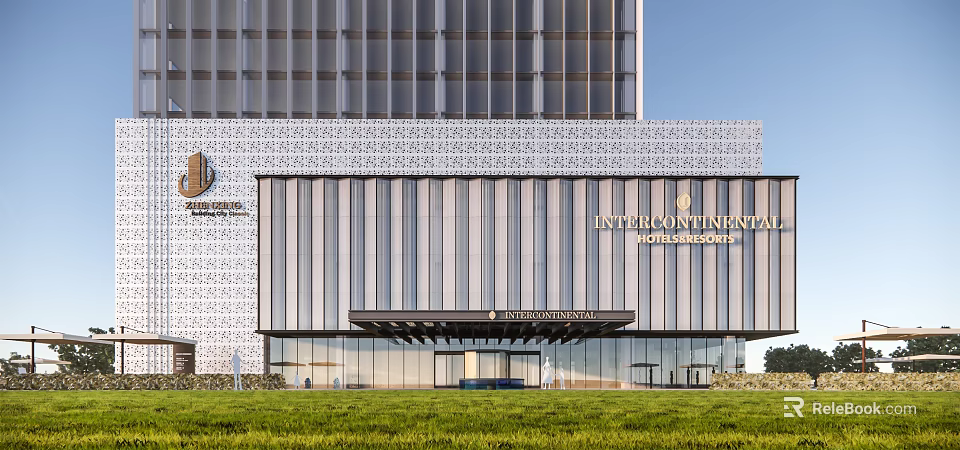 Modern Office Building InterContinental Hotel Residences With Glass Curtain Wall And Green Lawn 3d model 